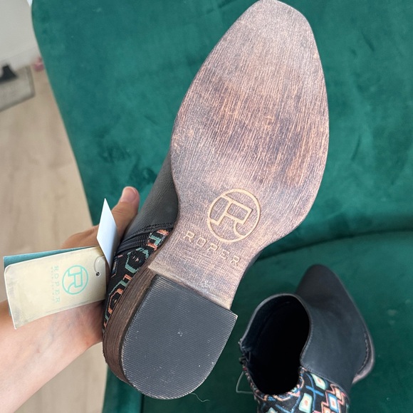 Roper Black Ankle Boots with Colorful Patterned Heel - Picture 3 of 7